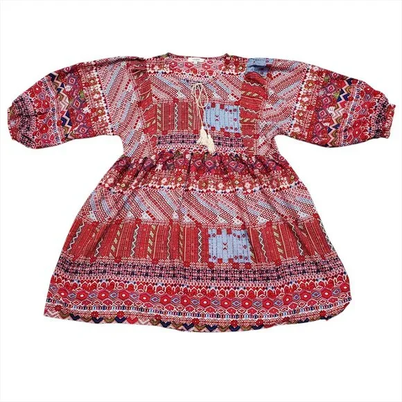 UMGEE Women Mini Dress L Red Tribal Boho 3/4 Sleeve Tassels Cotton Blend… - Picture 3 of 11